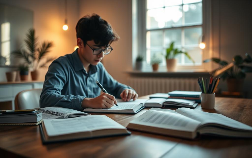 A serene study environment featuring a focused young adult sitting at a wooden desk covered with open books and notes. The foreground shows the individual, dressed in professional casual attire, intently writing with a pen. In the middle, a motivational study planner is visible, displaying well-organized schedules and goals. The background showcases a softly lit room with a large window letting in warm sunlight, illuminating plants and minimalistic decor that enhances tranquility. The mood is inspiring and contemplative, reflecting the importance of discipline in studying. Use a gentle bokeh effect for depth, capturing the essence of focus and organization in the academic journey. The overall atmosphere should evoke a sense of calm determination and purpose.
