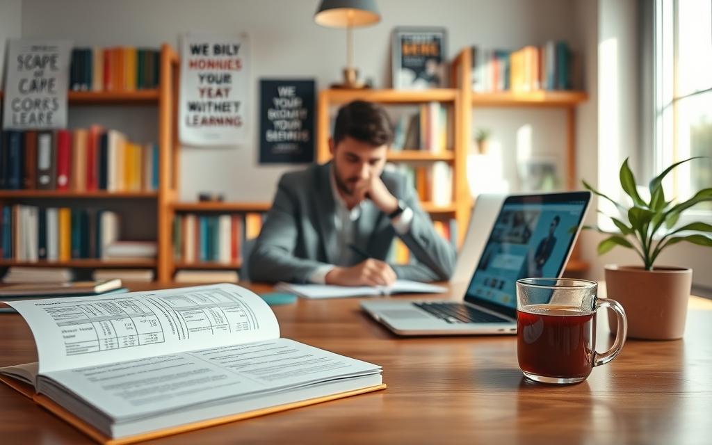 A serene study environment focused on the importance of consistency in learning. In the foreground, a neatly arranged wooden desk holds an open notebook filled with organized notes, a laptop displaying productivity apps, and a cup of steaming tea, suggesting a warm and inviting atmosphere. In the middle ground, a focused individual in professional casual attire is seen deep in concentration, surrounded by motivational posters and a small plant, reflecting a balance between productivity and tranquility. The background features soft, natural lighting filtering through a window, illuminating bookshelves filled with colorful textbooks, enhancing the sense of a dedicated and nurturing study space. The overall mood is calm and inspiring, conveying a sense of determination and balance in the pursuit of knowledge.