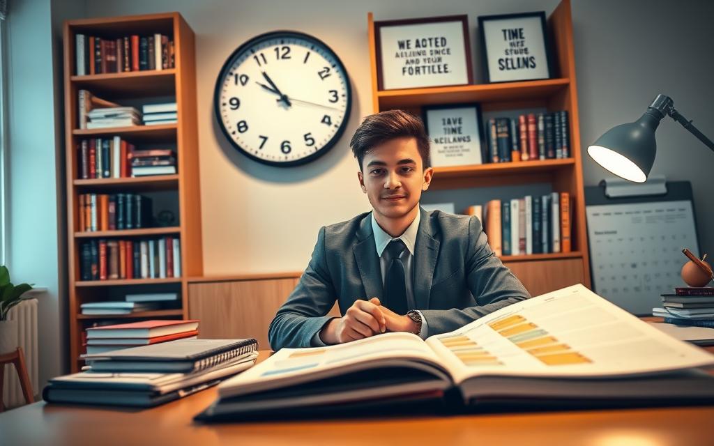 A serene study environment showcasing the benefits of effective time management. In the foreground, a focused student in professional business attire, sitting at a well-organized desk with multiple study materials and a planner open, where time blocks are highlighted. In the middle ground, a wall clock shows balanced segments of time, and a calendar displays achieved study goals with motivational checkmarks. The background features a cozy bookshelf filled with academic books and inspirational quotes framed elegantly. Soft, warm lighting creates a calming atmosphere, emphasizing productivity and focus, with a slight depth of field effect to draw attention to the student’s determined expression. The angle captures a dynamic view that illustrates both structure and dedication in study time management.