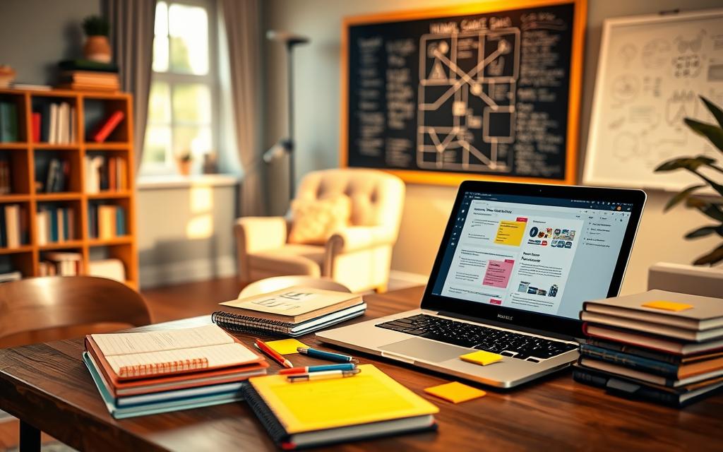 A serene study environment showcasing the benefits of organized study notes. In the foreground, feature a neatly arranged desk with colorful, labeled notebooks, a laptop displaying a well-structured digital document, and colorful sticky notes with key concepts. The middle ground includes a cozy armchair, a small bookshelf filled with educational materials, and an open window letting in soft, natural light. In the background, a chalkboard or whiteboard displaying organized mind maps and diagrams emphasizes clarity and structure. Use warm, inviting lighting creating a motivating atmosphere. Capture this scene from a slightly elevated angle, emphasizing the organized setup while keeping the focus on the study materials, reflecting the importance of organization in learning.