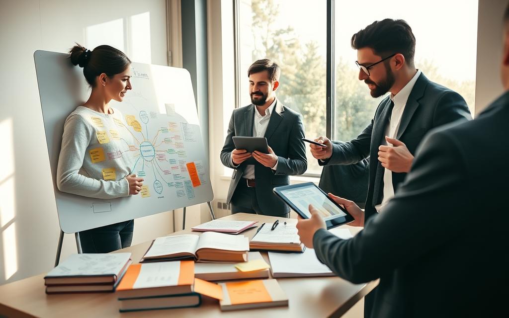 A serene study environment showcasing visual learning techniques. In the foreground, a diverse group of three individuals—one woman and two men—in professional business attire, engaged in an interactive learning session. The woman uses a large, colorful mind map on a whiteboard, while one man points at a visual diagram on a tablet in his hands, and the other takes notes with a pencil. In the middle ground, various educational tools surround them, including books, post-it notes, and charts, all arranged harmoniously. The background features a bright, well-lit room with large windows allowing natural light to flood in, creating an inviting atmosphere. The overall mood is focused and collaborative, emphasizing the importance of understanding different learning styles in a supportive environment. Soft shadows and warm tones enhance the feeling of productivity and inspiration.
