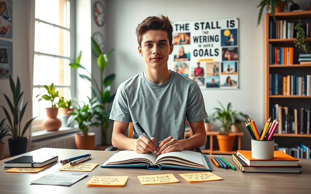 A serene study room scene, featuring a young adult in casual but neat clothing, centered at a desk with an open notebook and colorful stationery, symbolizing focus and organization. In the foreground, several motivational quotes on sticky notes are visible on the desk, while in the middle ground, an inspiring vision board hangs on the wall, adorned with vibrant images of personal goals and achievements. The background showcases a calming bookshelf filled with books, surrounded by houseplants that bring a touch of nature indoors. Soft, natural light streams in through a window, creating an inviting and warm atmosphere, ideal for studying. The mood conveys determination and clarity, encouraging viewers to understand their motivations.