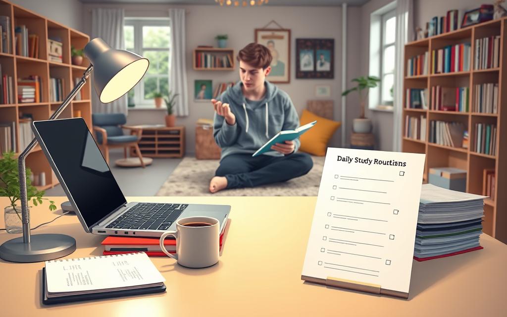 A serene study scene illustrating a daily study routine. In the foreground, a neatly arranged desk with a laptop open, stack of textbooks, and a colorful study checklist prominently displayed. There’s a steaming cup of coffee next to a glowing desk lamp casting warm light. In the middle ground, a well-dressed young person in casual clothing is actively taking notes, surrounded by notes and a digital tablet, radiating focus and determination. The background features a cozy room with shelves of books, a soft rug, and a large window allowing natural light to filter in, creating a bright and inviting atmosphere. The mood is one of productivity and calmness, emphasizing the importance of an organized study space.
