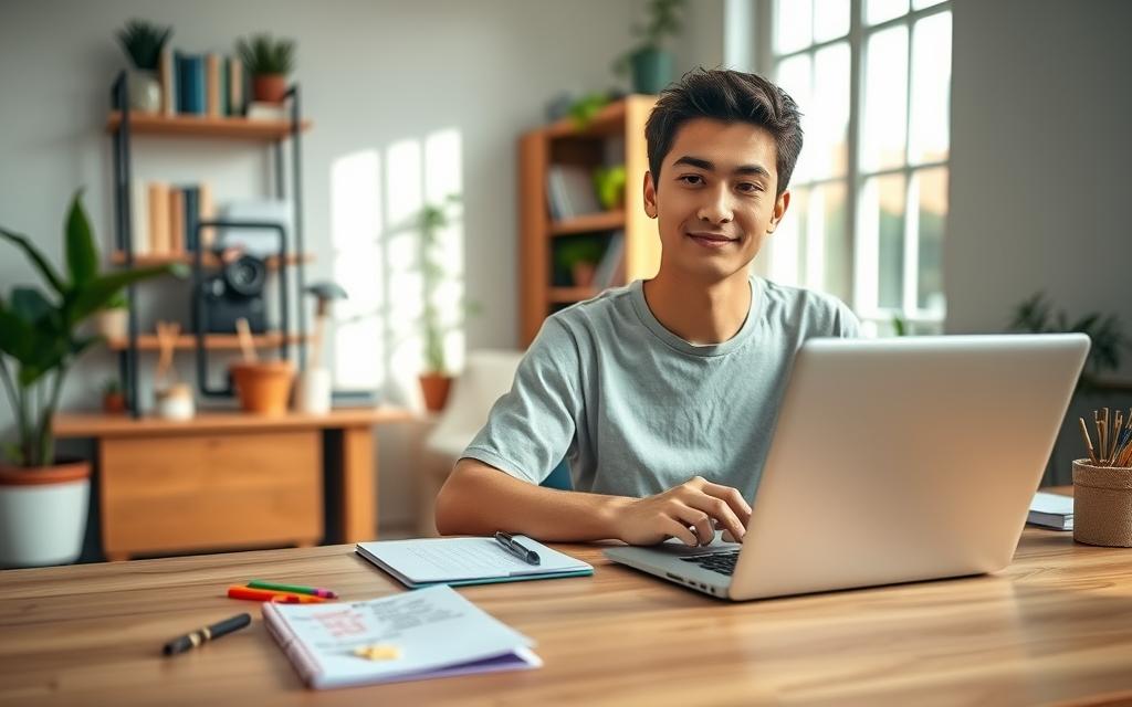 A serene study space designed for beginners, featuring a young adult seated at a clean wooden desk covered with study materials. In the foreground, a notepad filled with colorful notes and a laptop open to a learning website. The middle ground shows potted plants and a bookshelf filled with educational books, creating a sense of inspiration. In the background, a large window lets in soft, natural light, illuminating the scene and casting gentle shadows. The atmosphere is calm and focused, suggesting a positive learning environment. The subject wears modest casual clothing, embodying a relatable and approachable vibe, with a slight smile of determination. Overall, the image encapsulates the essence of understanding one’s learning style in a peaceful setting.