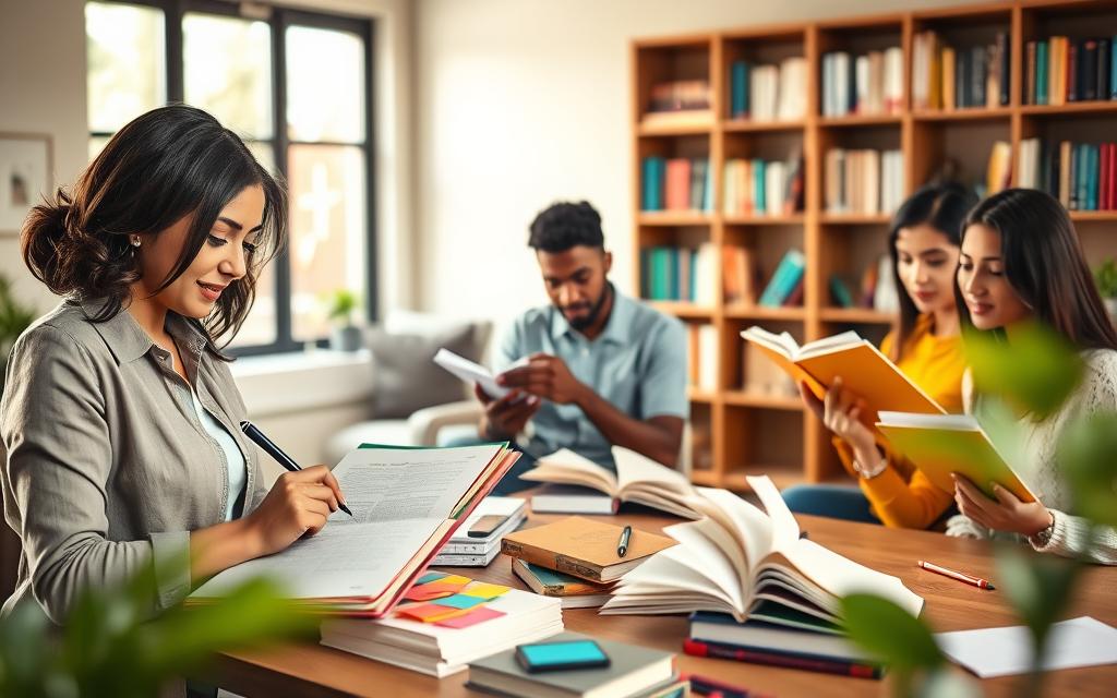 A serene study space featuring a diverse group of individuals engaged in different learning activities, promoting various study routine tips. In the foreground, a Latina woman in professional casual attire writes in a planner, surrounded by colorful sticky notes and a laptop. In the middle, a Black male student analyzes a textbook, while a South Asian woman uses flashcards; both are surrounded by books and stationery. The background shows a well-organized bookshelf and a large window that lets in warm, natural light, creating an inviting atmosphere. Soft shadows enhance the depth, and a gentle focus effect emphasizes the individuals without distractions. The mood is calm and focused, illustrating the concept of understanding one's learning style in a supportive environment.