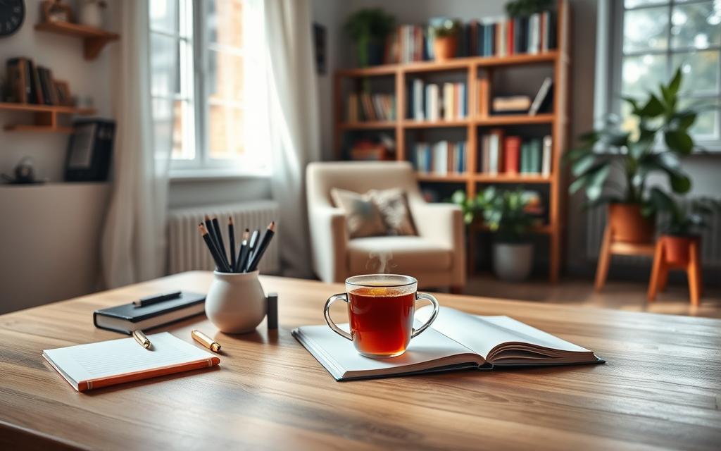 A serene study space featuring a simple wooden desk with neatly organized stationery, an open notebook, and a steaming cup of tea, all arranged for a productive atmosphere. In the foreground, soft natural light spills through a nearby window, illuminating the desk’s surface. In the middle ground, a cozy armchair sits against a bookshelf filled with various study materials, representing an inviting study nook. In the background, potted plants add a touch of greenery, enhancing the tranquility of the space. The overall mood is calm and focused, encouraging a sense of daily study routine. The composition captures a bright and inviting atmosphere, emphasizing clarity and simplicity without any text or distractions.