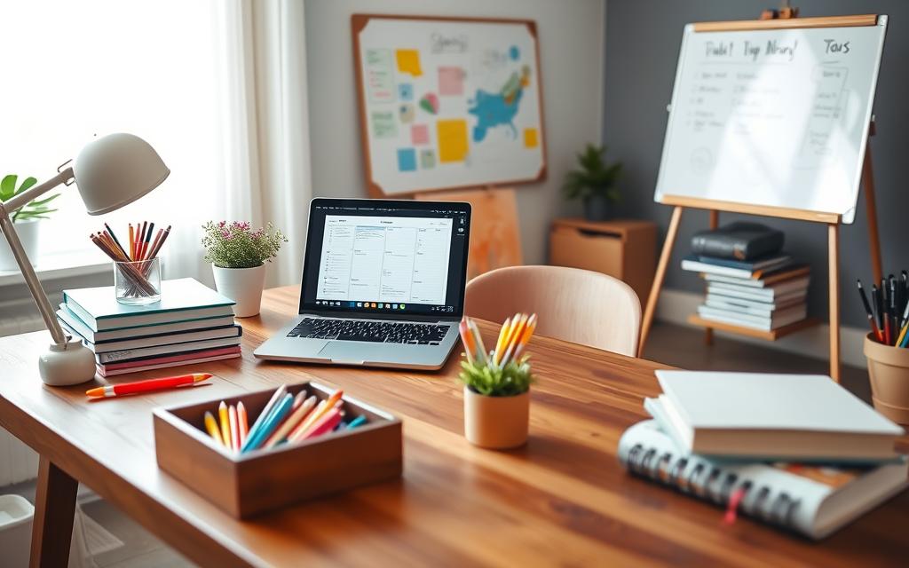 A serene study space, well-organized with colorful stationery, neatly stacked books, and an open laptop displaying a planner. In the foreground, a stylish wooden desk is adorned with a desk organizer and a small potted plant. In the middle ground, a whiteboard filled with colorful notes and diagrams emphasizes the importance of planning. The background shows a cozy atmosphere with soft natural light filtering through a window, casting gentle shadows. A comfortable chair invites one to sit and study. The overall mood should be calm and focused, evoking a sense of productivity and clarity, perfect for illustrating the concept of organization in studying tasks.