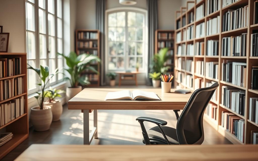A serene study zone designed for maximum focus, featuring a minimalist desk made of light wood clutter-free, topped with an open notebook and a neatly arranged set of colored pens. In the foreground, a comfortable ergonomic chair is positioned at the desk, inviting the viewer to sit and concentrate. In the middle ground, large windows let in soft natural light, casting gentle shadows and illuminating a few green plants that add a touch of nature. The background shows lined bookshelves filled with neatly organized books, creating a calm scholarly atmosphere. The mood is peaceful and focused, promoting concentration, with a slight depth of field effect to emphasize the study area in the foreground.