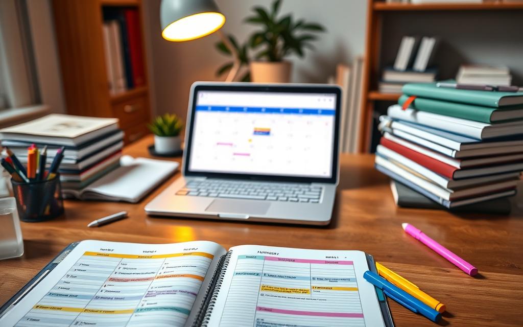 A structured study plan displayed on a wooden desk, surrounded by educational materials. The foreground features a neatly organized planner with colorful sections for each day of the week, highlighted by colored pens and highlighters for emphasis. In the middle ground, an open laptop shows a digital calendar with reminders. A stack of books on the side showcases various subjects. The background consists of a cozy study room with soft lighting coming from a desk lamp, casting a warm glow. A potted plant in the corner adds a touch of nature. The overall atmosphere is calm and focused, reflecting a productive study environment. A structured study plan displayed on a wooden desk, surrounded by educational materials. The foreground features a neatly organized planner with colorful sections for each day of the week, highlighted by colored pens and highlighters for emphasis. In the middle ground, an open laptop shows a digital calendar with reminders. A stack of books on the side showcases various subjects. The background consists of a cozy study room with soft lighting coming from a desk lamp, casting a warm glow. A potted plant in the corner adds a touch of nature. The overall atmosphere is calm and focused, reflecting a productive study environment.