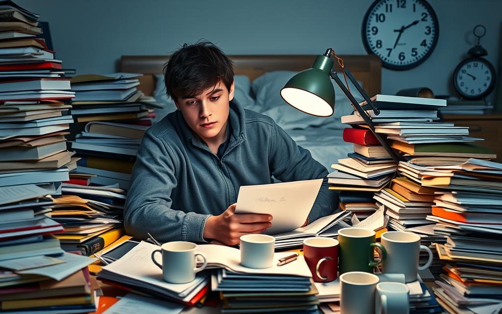 A student sitting at an overflowing desk, surrounded by chaotic piles of textbooks, papers, and empty coffee cups, representing study burnout. The foreground shows the student, a young person in smart casual clothing, with a stressed expression and disheveled hair, buried under the weight of their studies. In the middle, cluttered study materials blend with a flickering desk lamp, casting a dim glow over the scene, highlighting the intensity of the moment. The background features an unmade bed and a clock showing late hours, enhancing the atmosphere of exhaustion and overwhelm. Soft, moody lighting adds to the sense of fatigue and anxiety, capturing the essence of study burnout in an impactful and relatable manner.