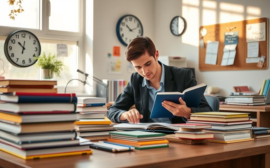 A tidy desk filled with organized study materials, including neatly stacked textbooks, colorful folders, and a labeled planner, serves as the foreground. A focused student, dressed in professional casual attire, is seen arranging these items, demonstrating effective organizational skills. In the middle ground, a wall clock shows time management in action, while a pinboard displays motivational quotes and schedules. The background features a cozy study environment with soft, natural lighting coming through a window, casting warm shadows that create an inviting, productive atmosphere. The overall mood is one of concentration and clarity, reflecting the importance of staying organized in a student’s daily life.