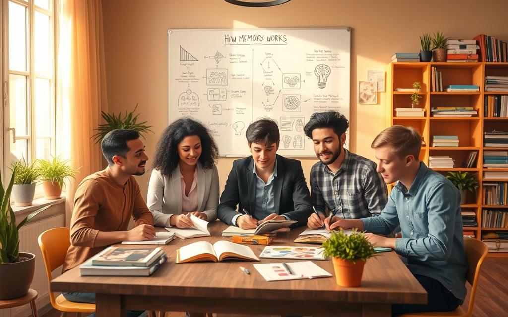 A visually captivating study session setup in a cozy, well-lit room. In the foreground, a diverse group of three young adults, dressed in smart casual attire, are engaged in studying together at a wooden table, surrounded by notebooks, books, and colorful flashcards. In the middle ground, a whiteboard filled with diagrams illustrating how memory works, such as neural connections and memory techniques, alongside potted plants for a touch of nature. The background features a warm, inviting bookshelf stacked with study materials, under soft, diffused sunlight streaming through a window, creating an atmosphere of focus and collaboration. The scene conveys motivation and understanding, capturing the essence of effective studying.