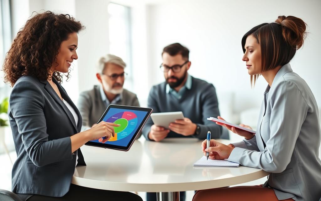 A visually engaging learning style assessment scene, featuring a diverse group of four adults seated around a contemporary, round table. In the foreground, a woman with curly hair in business casual attire is pointing at a colorful pie chart on a tablet, illustrating various learning styles such as visual, auditory, and kinesthetic. In the middle, two men, one wearing glasses and the other in a sweater, are discussing and taking notes on their own tablets. The fourth participant, a woman with straight hair in a smart blouse, is thoughtfully looking at a notepad. The background is softly blurred, showcasing a bright, modern office space with white walls and large windows letting in natural light. The atmosphere is collaborative and focused, embodying a sense of discovery and understanding.