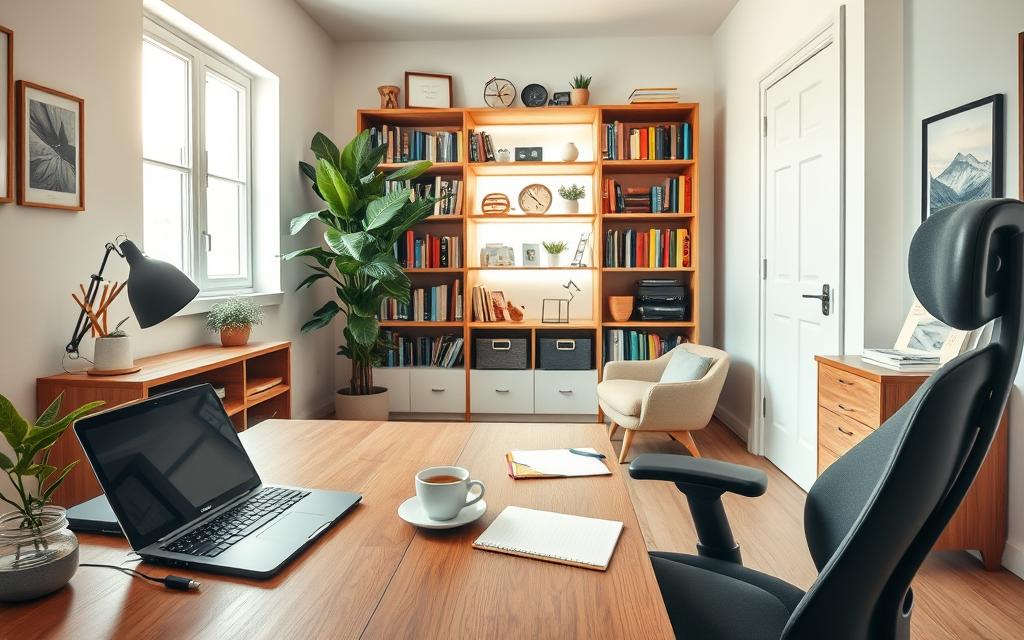 A warm, inviting dedicated study space designed for productivity. In the foreground, a stylish wooden desk with an open laptop, notebooks, and a steaming cup of coffee. A comfortable ergonomic chair complements the desk. In the middle, a well-organized bookshelf filled with colorful books and inspirational decor items. A large potted plant adds a touch of nature and freshness. In the background, a window lets in soft, natural light, creating a bright and airy atmosphere. The walls are painted in soothing pastel colors. The composition is captured in a slight aerial angle to showcase the entire setting, illuminated by gentle, diffused lighting that enhances a focused and serene mood, perfect for concentration and study.