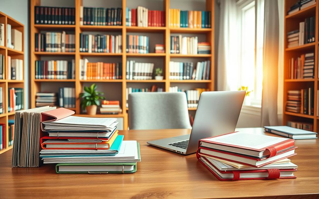 A well-lit study space emphasizing organization and productivity. In the foreground, a sleek wooden desk is neatly arranged with colorful folders, labeled binders, and a tidy stack of notebooks, showcasing a system of study materials. A modern laptop is open, displaying a digital planner. In the middle, a comfortable chair upholstered in soft fabric enhances the inviting atmosphere. On the desk, a small plant adds a touch of nature. In the background, shelves filled with books, meticulously sorted by subject, create a sense of order. The lighting is warm and bright, emanating from a nearby window, suggesting a calm and focused mood for effective studying. The angle captures the desk at an inviting perspective, drawing the viewer into this organized study environment.