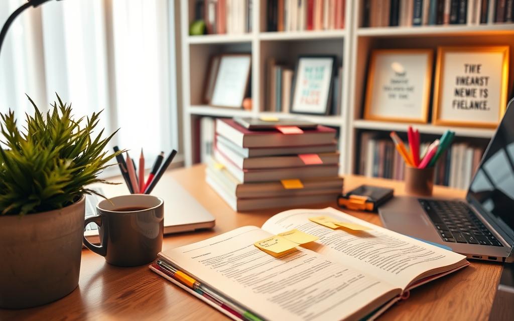 A well-organized study desk featuring an open notebook with colorful tabs, a laptop, and neatly arranged stationery items like pens and highlighters. In the foreground, a cup of coffee sits next to a potted plant, adding a touch of greenery. In the middle, there’s a stack of textbooks with sticky notes peeking out, illustrating key points. The background shows a softly lit bookshelf filled with categorized study materials and inspirational quotes in elegant frames. The atmosphere is calm and encouraging, with warm lighting that suggests productivity and focus. The image should convey a sense of ordered tranquility, inviting viewers to appreciate the importance of study organization for improved efficiency.