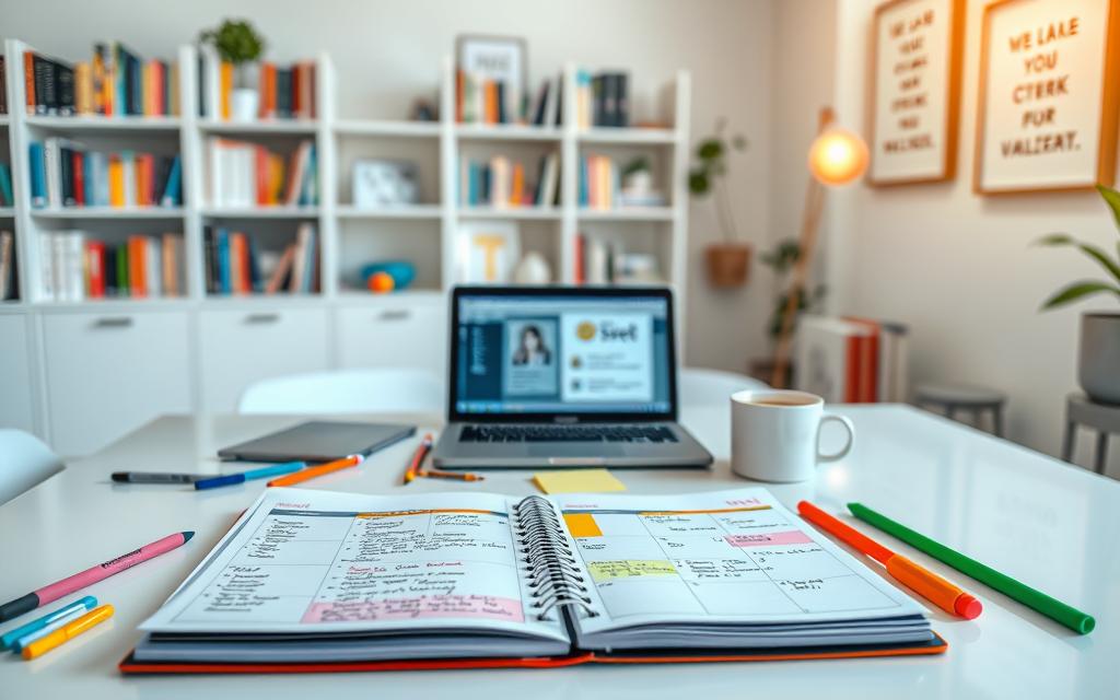 A well-organized study schedule displayed on a modern desk in a bright, cozy study room. In the foreground, a colorful planner open to a weekly layout with neatly written notes and highlighted sections. Scattered around are colorful stationery items like pens and sticky notes. In the middle ground, a laptop with study materials visible on the screen, and a cup of coffee steaming gently beside it. The background features a bookshelf filled with academic books and motivational quotes framed on the walls. Soft, natural light filters in through a window, creating a warm and inviting atmosphere. The scene conveys a sense of productivity and focus, perfect for promoting the significance of effective study planning.