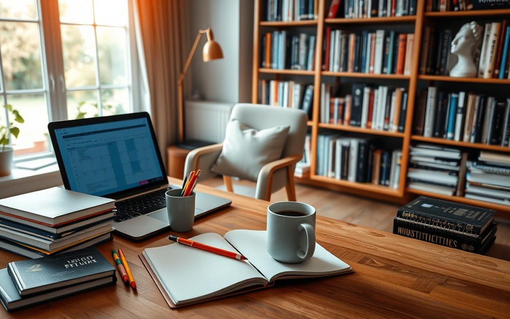 A well-organized study session taking place in a cozy study room. In the foreground, a wooden desk is neatly arranged with an open notebook, colorful pens, and a laptop displaying a digital calendar. A steaming mug of coffee sits next to books stacked on one side. In the middle ground, a comfortable chair is positioned beside a bookshelf filled with neatly organized textbooks and reference materials. Ambient lighting casts a warm glow, enhancing a focused and tranquil atmosphere. In the background, a large window lets in natural light, revealing a serene garden view. The entire scene conveys a sense of productivity and calm, emphasizing the importance of structured study sessions for effective learning.