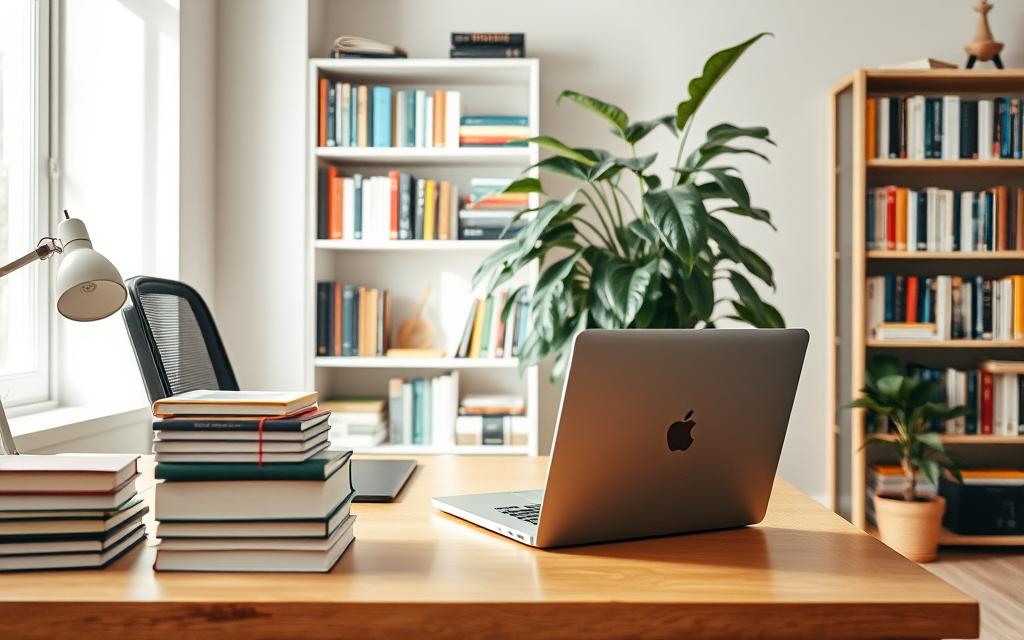 A well-organized study space set in a cozy room, featuring a wooden desk clutter-free with a neatly stacked pile of books and a laptop open to a study session. In the foreground, a comfortable ergonomic chair is placed beside the desk, inviting focus. The middle ground showcases a large potted plant adding a touch of nature and tranquility. In the background, a bookshelf filled with colorful textbooks and stationery against a calming pastel wall. Soft, natural lighting spills in from a nearby window, creating a warm and inviting atmosphere. The angle is slightly elevated, capturing the entire scene while suggesting an organized, distraction-free environment conducive to studying.