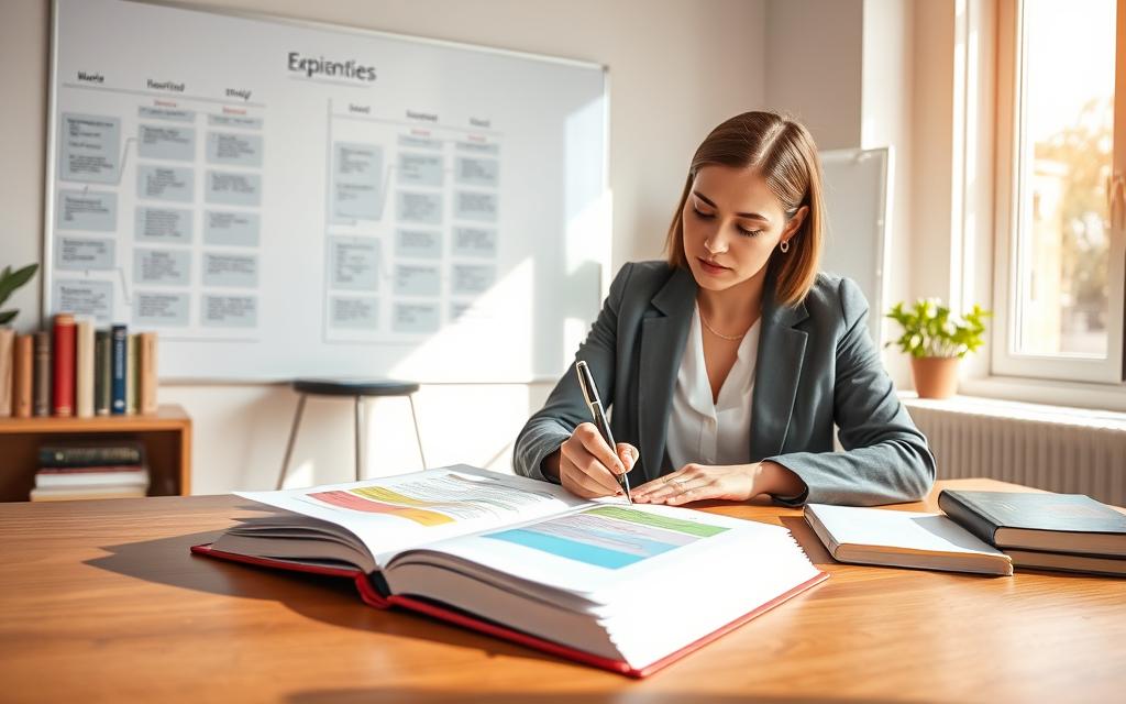 An open notebook filled with colorful study materials sits on a stylish wooden desk in a well-lit modern study space. A professional woman in modest business attire is seated at the desk, thoughtfully writing down her study objectives with a fountain pen. In the background, a large whiteboard displays neatly organized notes and mind maps related to different study goals. A warm afternoon light filters through a nearby window, creating soft shadows that enhance the serene atmosphere. The mood is focused and productive, emphasizing clarity and organization in achieving academic success. Subtle elements like books and stationery are included, further illustrating the theme of effective study management.
