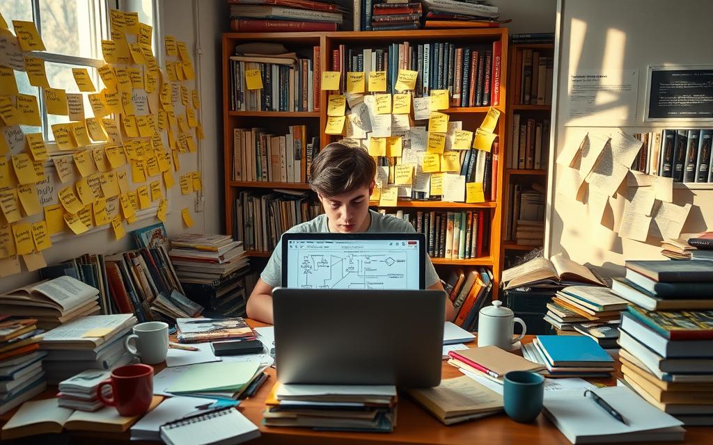 A cluttered study desk filled with scattered notes, textbooks, and coffee cups, creating a chaotic yet relatable atmosphere of overthinking. In the foreground, a young adult in casual attire looks overwhelmed, staring blankly at a laptop screen displaying a complicated study schedule. The middle ground features a wall covered in sticky notes, each filled with ideas, reminders, and a flowchart of study plans. The background includes a bookshelf overflowing with literature and a window allowing soft, natural lighting that casts gentle shadows, suggesting a late afternoon. The overall mood is one of confusion and introspection, capturing the struggle of balancing ambition with the paralysis of overanalyzing.