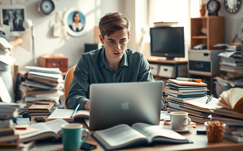 A cluttered study environment showcasing the struggle between distractions and learning. In the foreground, a young adult sits at a desk, dressed in smart casual attire, looking overwhelmed as they stare at a laptop surrounded by open textbooks and scattered notes. The middle layer features various distractions like a buzzing smartphone, a TV playing in the background, and a messy workspace filled with coffee cups and snacks. In the background, soft sunlight filters through a window, creating a warm, inviting atmosphere, while also casting subtle shadows that enhance the sense of chaos. The image should convey a mood of tension and frustration mingled with a desire for focus and clarity, emphasizing the impact of distractions on the learning process. Use a slightly blurred depth of field to draw attention to the subject while still capturing the distractions around them.
