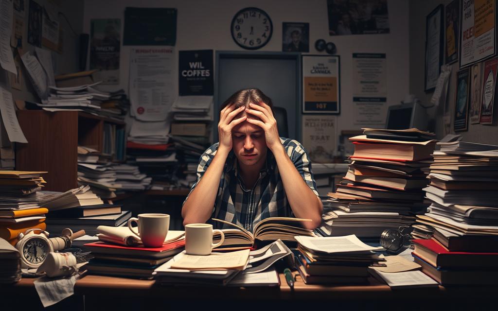 A cluttered study environment that visually represents the reasons people dislike studying. In the foreground, a frustrated student sits at a messy desk piled with textbooks and notes, wearing casual attire, holding their head in despair. In the middle ground, chaotic items like empty coffee cups, crumpled papers, and a clock showing late hours create a sense of overwhelm. The background features a dimly lit room with shadows, emphasizing the mood of stress and fatigue. Soft, moody lighting illuminates the student's face, highlighting their emotions. Incorporate a sense of claustrophobia by showing walls filled with motivational posters that feel out of reach. The overall atmosphere should convey frustration, boredom, and the daunting nature of studying, evoking empathy in viewers.