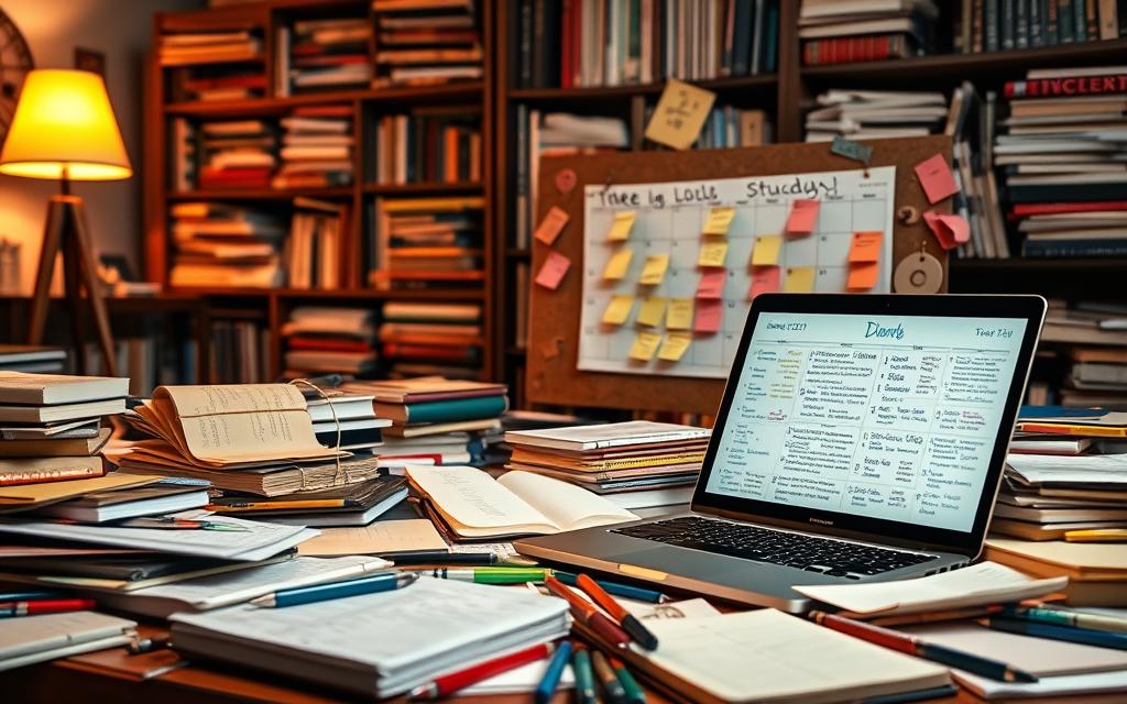 A cluttered study space featuring a disorganized study plan, designed for individuals struggling with organization. The foreground includes a chaotic desk with scattered notebooks, pens, and a laptop displaying a colorful, handwritten study plan filled with notes and doodles. In the middle, a calendar is pinned to a corkboard, covered in reminders and motivational quotes, with some overlapping sticky notes. The background showcases a bookshelf overflowing with textbooks and study guides, dimly lit by a warm desk lamp, creating a cozy yet chaotic atmosphere. The image should convey a sense of urgency and creativity in an inviting study environment, shot from a slightly elevated angle to capture the full scope of disarray while maintaining a focus on the study materials.
