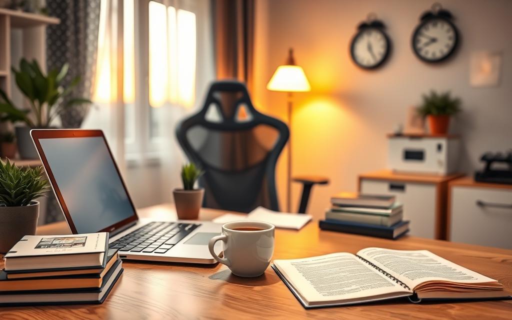 A cozy and organized study space that accommodates individuals who work long hours. In the foreground, a tidy wooden desk with a laptop open, a stack of books, and a notebook filled with notes. A cup of coffee emits steam next to a small potted plant, adding a touch of greenery. In the middle, a comfortable ergonomic chair facing the desk, suggesting relaxation. The background features soft lighting from a nearby lamp, creating a warm ambiance, while a clock on the wall shows it's evening time. Outside the window, a sunset casts a gentle glow, symbolizing the end of the workday. The overall mood is calm and inspiring, reflecting a space where one can unwind and focus on study amidst life's challenges.