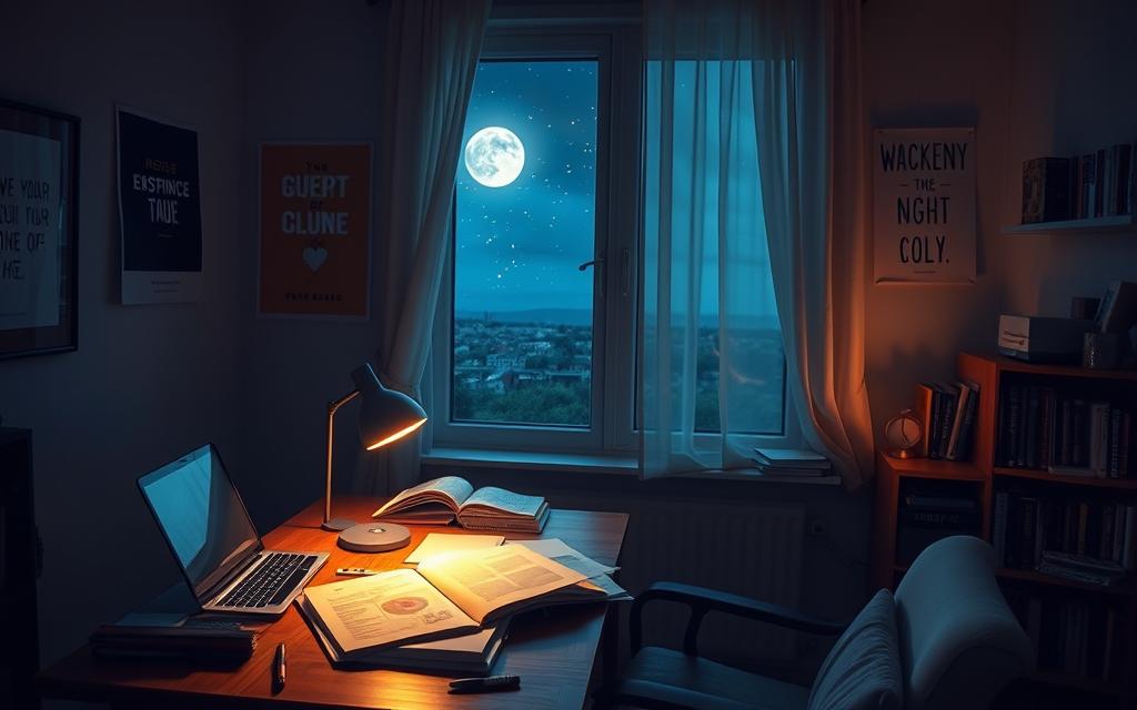 A cozy, dimly lit study space designed for night owls, featuring a wooden desk cluttered with study materials such as open books, notebooks, and a laptop. A comfortable chair is positioned beside the desk, illuminated by a warm desk lamp casting soft light. In the background, a window reveals a starlit night sky, with moonlight filtering through sheer curtains. On one wall, motivational posters inspire focus, while a small bookshelf holds academic references and personal development books. The atmosphere is tranquil and focused, conveying a sense of productivity during the quiet hours of the night. Use a slightly elevated angle to capture the entire scene, emphasizing the inviting and serene learning environment.