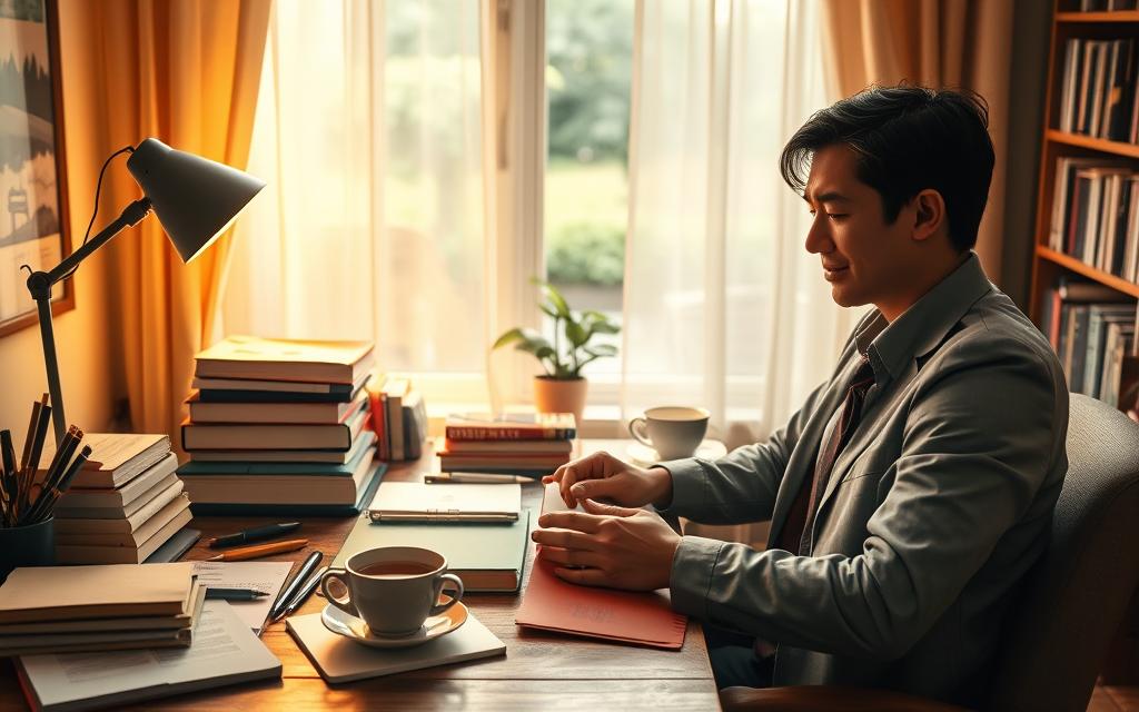 A cozy, inviting study space with a warm atmosphere, depicting a wooden desk cluttered with study materials like books, stationery, and a steaming cup of herbal tea. Foreground: a relaxed individual in professional business attire, looking contemplatively at a notebook, with a gentle smile to convey determination despite tiredness. Middle: a softly glowing desk lamp casting warm light on the workspace, emphasizing the inviting study materials and creating soft shadows. Background: a large window with sheer curtains allowing soft, diffused daylight to illuminate the room, showcasing a quiet garden outside to enhance the peaceful environment. The overall mood is calm and inspiring, encouraging the viewer to find ways to study effectively even when feeling tired.
