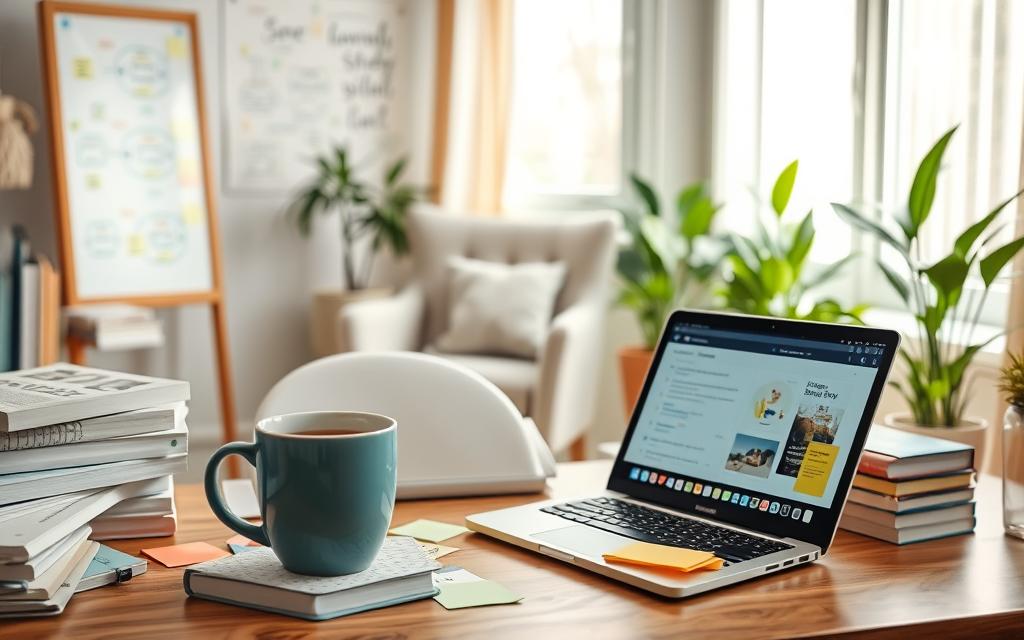 A cozy study environment depicting various effective study techniques for fatigue. In the foreground, there's a desk with a laptop open to a calming study app, surrounded by organized notes and colorful sticky reminders. To the left, a warm mug of herbal tea sits atop a stack of books. The middle ground shows a comfortable chair positioned near a window, where soft natural light filters in, creating a tranquil atmosphere. On the wall, there's a whiteboard filled with mind maps and motivational quotes. In the background, soft green plants add a sense of freshness. The mood is relaxed yet focused, emphasizing a balance between energy management and productivity. The scene captures a sense of peaceful determination ideal for studying with low energy.
