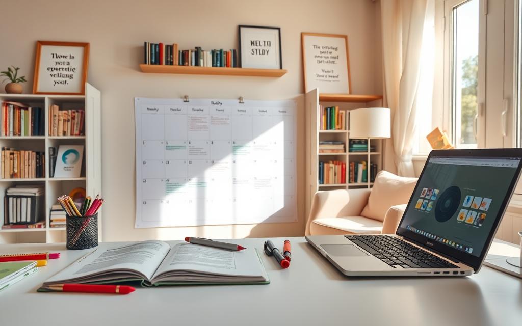 A cozy study environment featuring a structured study routine. In the foreground, a neatly organized desk with an open notebook, colorful stationery, and a laptop displaying a timeline planner. In the middle, a large wall calendar with marked study sessions, showcasing a variety of subjects. Sunlight streams through a window, casting a warm glow across the scene, creating a productive atmosphere. In the background, a soft armchair and a bookshelf filled with educational books and motivational quotes framed in a clean and orderly manner. The atmosphere is calm and inviting, encouraging focus and dedication. The composition is shot from a slightly elevated angle to capture the entire study space, offering a sense of clarity and organization.