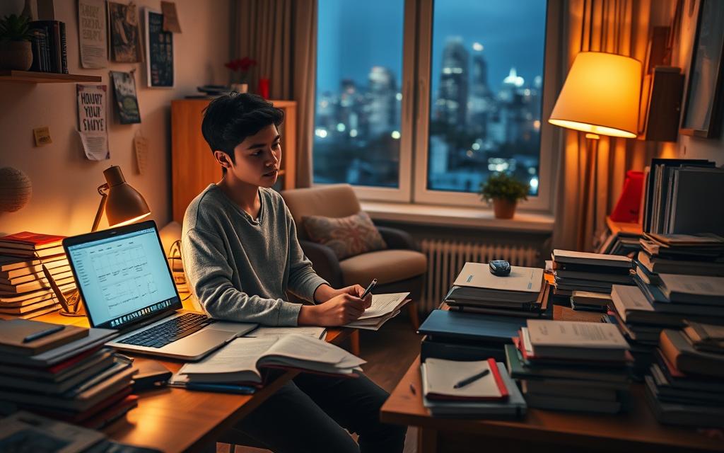 A cozy study environment in a small room during evening hours, illuminated by warm, soft desk lamps. In the foreground, a focused young adult in modest casual clothing, seated at a cluttered wooden desk filled with books, notebooks, and a laptop displaying a study plan. The person is looking thoughtfully at their notes, surrounded by a few motivational sticky notes on the wall. In the middle layer, a comfortable chair and a small bookshelf filled with educational materials. The background features a window with a night skyline view, hinting at the late hour. The overall mood is contemplative and encouraging, embodying a sense of determination despite starting late. Use a slightly blurred background effect to emphasize the subject.