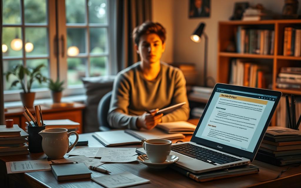 A cozy study room bathed in warm, soft lighting, illustrating ways to stay focused when feeling lazy. In the foreground, a wooden desk cluttered with motivational notes, a steaming cup of herbal tea, and an open laptop displaying an organized study plan. The middle layer features a focused student wearing modest casual clothing, sitting upright with a determined expression, surrounded by books and study materials. In the background, a softly blurred window reveals a tranquil garden, symbolizing distraction-free peace. The overall atmosphere is inviting yet professional, conveying a sense of calm productivity and focus, while removing any elements of chaos or procrastination.