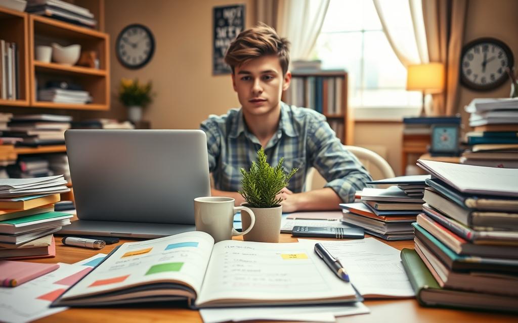 A cozy study scene depicting a young adult seated at a cluttered desk, surrounded by books and study materials. The foreground features an open notebook with colorful notes and a laptop displaying a digital planner. In the middle, a plant adds a touch of life, while a coffee mug sits beside a motivational quote on a sticky note. The background showcases a warm, softly lit room with a window letting in gentle daylight, illuminating the space and creating a calming atmosphere. The overall mood conveys quiet determination, with hints of distraction represented by scattered papers and a clock showing late hours. The person, dressed in comfortable yet professional casual clothing, appears contemplative, embodying the struggle between resistance and motivation.