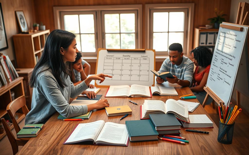A cozy study scene portraying a diverse group of students collaborating at a large wooden table, surrounded by textbooks, notebooks, and colorful stationery. In the foreground, a young woman in professional casual attire is engaged in discussion, pointing at a study schedule illustrated on a large whiteboard. In the middle ground, a student of Asian descent is taking notes while another student of African descent is sharing tips from a thick textbook. In the background, a window lets in warm, natural light, creating a comforting atmosphere. The overall mood is supportive and focused, conveying the idea of teamwork in overcoming academic challenges. The setting should be bright, with soft shadows, emphasizing a sense of community and shared learning.