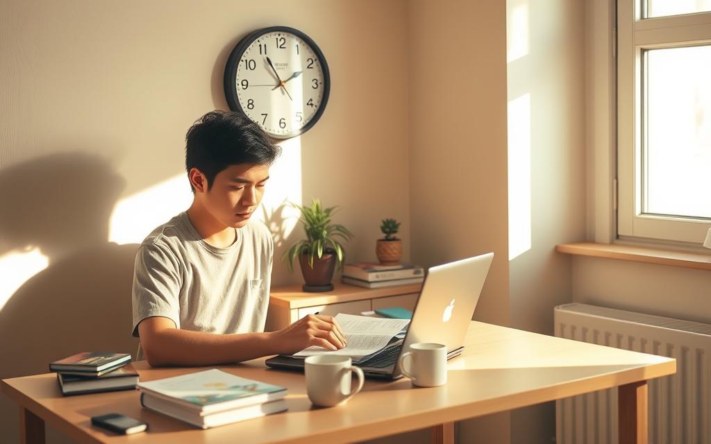 A cozy study space bathed in warm, natural light, featuring a small desk with a laptop open to a study planner. The foreground includes a focused individual in modest casual clothing, deeply engaged in a short study session, surrounded by a few neatly stacked books and a coffee cup. In the middle, a wall clock ticks, symbolizing the importance of time management, while a potted plant adds a touch of life. In the background, a window lets in soft sunlight, casting gentle shadows that enhance the peaceful atmosphere. The overall mood is serene and productive, capturing the essence of efficient study practices amidst a busy life.