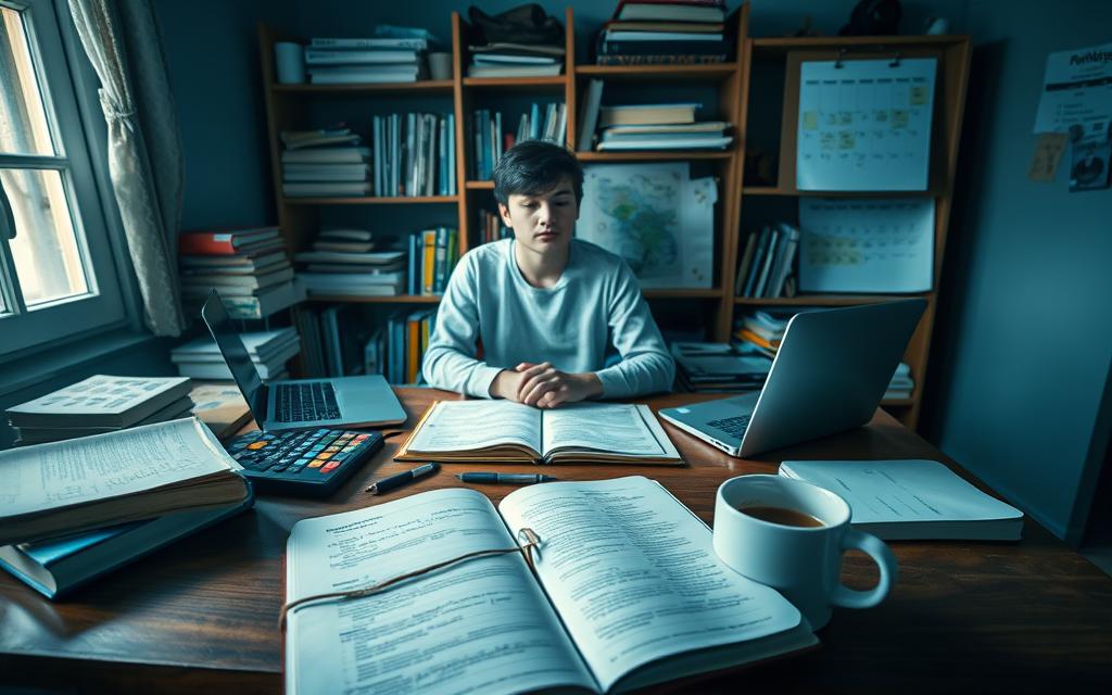 A dimly lit study room with a wooden desk cluttered with books, notebooks, and a laptop, signaling a lack of motivation. In the foreground, an open notebook with disorganized notes and a half-finished cup of coffee, illustrating distraction. The middle ground features a young adult wearing comfortable, modest clothing, sitting unenthusiastically at the desk, their expression showing fatigue and disinterest. The background displays shelves filled with untouched study materials and a calendar with missed deadlines, emphasizing procrastination. Soft, cool lighting filters in through a window, creating shadows that evoke a somewhat somber mood. The angle is slightly overhead, capturing both the desk and the surrounding environment, reinforcing the struggle of studying without motivation while maintaining an atmosphere of quiet reflection and perseverance.