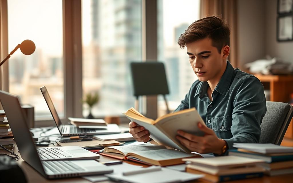 A focused student sitting at a cluttered desk amidst distractions, such as a ringing phone, open tabs on a laptop, and loud music notes in the background. The foreground features the student, a young adult in casual yet professional attire, with a determined expression, leaning slightly forward, deeply engaged in reading a textbook. The middle ground showcases the chaotic desk setup with an organized notebook next to scattered papers. In the background, a softly blurred window reveals a bustling city scene outside, symbolizing external disruptions. Warm, natural light filters in, creating a cozy yet focused atmosphere, while a shallow depth of field draws attention to the student’s concentration amidst chaos, encapsulating the challenge of maintaining focus during interruptions.