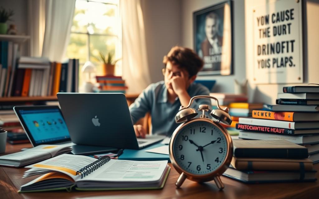 A focused student sitting at a well-organized desk, surrounded by books and study materials. The foreground includes an open notebook with colorful notes and a laptop displaying a planner app. In the middle, a clock is ticking, indicating the time slipping away, while some procrastination triggers like a phone and social media tabs are visible but slightly blurred to emphasize temptation. The background features a softly lit room, with a window allowing natural sunlight to illuminate the scene and create a warm, inviting atmosphere. A motivational poster about overcoming procrastination hangs on the wall. The mood is determined yet contemplative, capturing the struggle between distraction and focus.