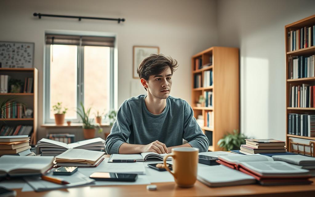 A focused study environment featuring a student in a tidy, well-lit room with a desk scattered with books and notes. In the foreground, the student appears contemplative, wearing modest casual clothing, surrounded by distractions like a smartphone, a half-eaten snack, and a cluttered coffee cup. The middle ground showcases a large window with soft, natural light spilling in, illuminating plants on the windowsill. The background includes a neatly organized bookshelf filled with academic texts. The atmosphere is slightly chaotic yet inviting, symbolizing the struggle to concentrate amidst distractions. Use soft, warm lighting to enhance the cozy feel, capturing a moment of introspection in a comfortable study space.