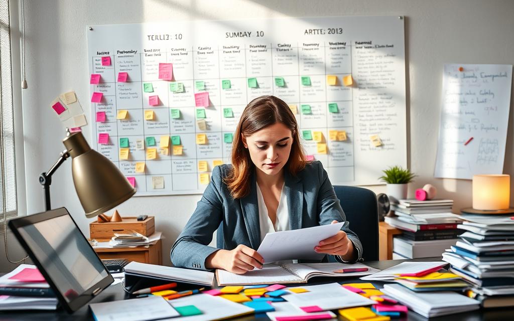A modern office scene featuring a woman in professional attire, deeply engaged in planning her chaotic schedule. She is sitting at a cluttered desk filled with colorful sticky notes, planners, and digital devices displaying varied time blocks. The foreground shows her focused expression, with a warm desk lamp illuminating the papers. In the middle, a large wall calendar with handwritten notes and time slots highlights the unpredictability of her day. The background features a large window with soft natural light streaming in, casting shadows across the room, creating an atmosphere of determination and clarity amidst chaos. The overall mood is one of organization and resilience, as she strives to conquer her unpredictable schedule.