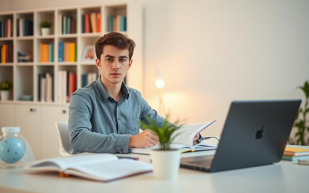 A serene and focused workspace designed for effective concentration. In the foreground, a young adult sits at a neat desk, surrounded by open notebooks and a laptop, wearing smart casual attire. The individual has a thoughtful expression as they engage with study materials, illustrating dedication. In the middle ground, a small indoor plant adds a touch of greenery, while a soft, warm light illuminates the scene, creating a cozy ambiance. The background features a minimalistic bookshelf filled with colorful books, enhancing the intellectual atmosphere. The composition is captured with a slightly blurred depth of field, drawing attention to the focused figure while maintaining a calm and professional mood, inviting viewers to understand and appreciate concentration techniques in a practical setting.