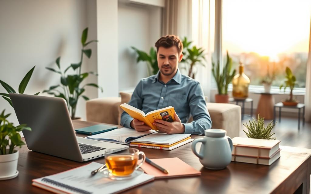 A serene and inviting workspace illustrating the concept of work-life balance for studying. In the foreground, a comfortably furnished desk with a laptop open, surrounded by study materials, colorful notebooks, and a steaming cup of herbal tea. In the middle ground, a person in professional casual attire is calmly studying, with a focused but relaxed expression, embodying a balanced approach to work and study. In the background, a peaceful living room with warm, soft lighting, lush plants, and a window revealing a beautiful sunset, symbolizing the transition from work to personal time. The overall atmosphere is calm and productive, highlighting mental well-being and the importance of leisure in a balanced life.