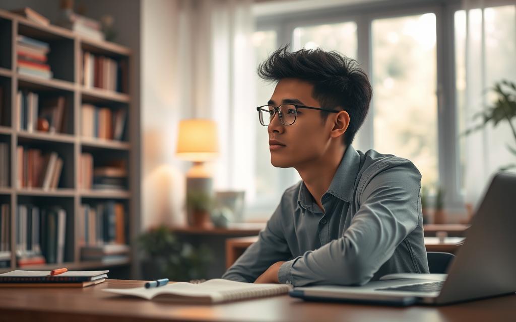 A serene study environment depicting a young adult in professional casual clothing, seated at a tidy wooden desk filled with study materials like notebooks, a laptop, and pens. In the foreground, focus on the thoughtful expression of the individual, gently leaning forward, surrounded by an aura of calm and determination. The middle ground features shelves lined with books and a soft lamp casting warm, inviting light, creating an atmosphere of focus and clarity. In the background, a large window lets in natural light, revealing a tranquil garden view that symbolizes growth and renewal. The overall mood is encouraging and peaceful, capturing the essence of a gradual and stress-free return to studying. The composition should showcase soft lighting and a balanced angle to evoke a sense of comfort and motivation.