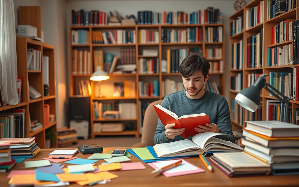 A serene study environment designed for slow learners, featuring a cozy wooden desk cluttered with colorful study materials like flashcards and notebooks. In the foreground, a focused student, a young individual in smart, modest casual attire, is sitting on a comfortable chair, deeply engaged with a book, surrounded by an inviting atmosphere. In the middle ground, a softly glowing desk lamp illuminates the space, creating warm highlights. Bookshelves filled with various educational resources rise in the background, giving a sense of a nurturing learning environment. The overall mood is calm and encouraging, conveying a supportive atmosphere that fosters understanding and growth, with soft, natural lighting that enhances the inviting ambiance.