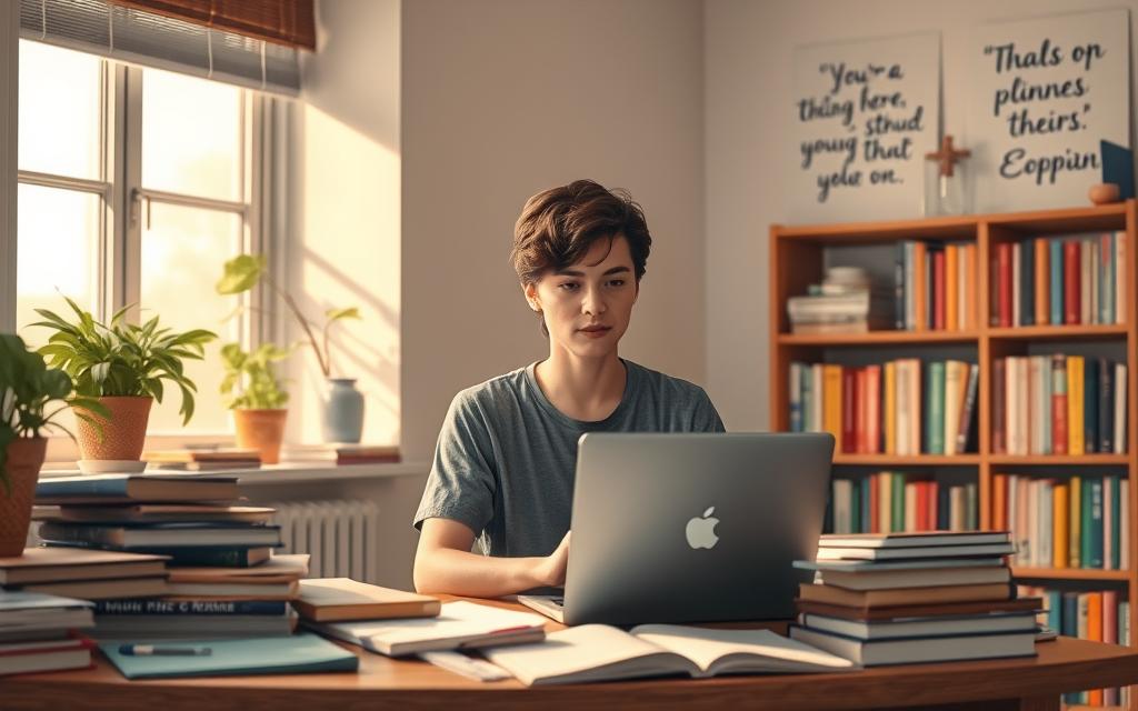 A serene study environment designed to illustrate the concept of avoiding burnout while studying. In the foreground, a focused student sitting at a desk cluttered with books and a laptop, dressed in modest casual clothing, showing a calm yet determined expression. The middle layer features soft, natural light streaming through a window, casting a warm glow across the space, emphasizing a cozy atmosphere. Green plants on the windowsill add a sense of tranquility. In the background, a well-organized bookshelf filled with colorful books and inspirational quotes on the wall subtly promote a positive, stress-free study environment. The overall mood should convey balance and mindfulness, inspiring viewers to consider their own study habits in a peaceful setting.