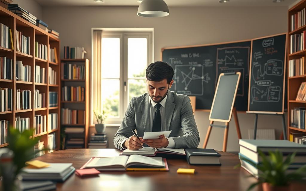A serene study environment illustrating memory retention techniques. In the foreground, a focused individual in professional attire, seated at a wooden desk, is engaged in note-taking, surrounded by colorful sticky notes and organized binders filled with diagrams. The middle ground features a large, open window allowing gentle sunlight to illuminate the space, creating a warm and inviting ambiance. Bookshelves filled with psychology and study strategy books line the walls, fostering a scholarly atmosphere. In the background, a chalkboard displays mind maps and mnemonic devices, showcasing various memory aids. The overall mood is calm and productive, emphasizing a sense of exploration and understanding of memory challenges, with soft shadows and natural lighting enhancing the scene's tranquility. A serene study environment illustrating memory retention techniques. In the foreground, a focused individual in professional attire, seated at a wooden desk, is engaged in note-taking, surrounded by colorful sticky notes and organized binders filled with diagrams. The middle ground features a large, open window allowing gentle sunlight to illuminate the space, creating a warm and inviting ambiance. Bookshelves filled with psychology and study strategy books line the walls, fostering a scholarly atmosphere. In the background, a chalkboard displays mind maps and mnemonic devices, showcasing various memory aids. The overall mood is calm and productive, emphasizing a sense of exploration and understanding of memory challenges, with soft shadows and natural lighting enhancing the scene's tranquility.