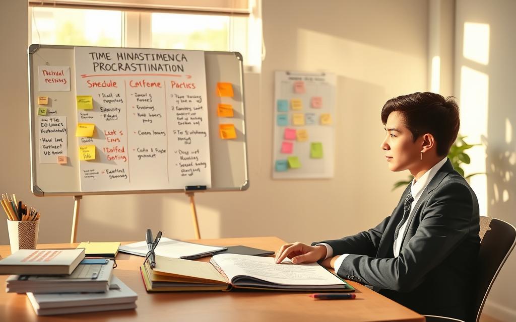 A serene study environment illustrating methods to overcome procrastination. In the foreground, a focused young adult in professional business attire sits at a well-organized desk, surrounded by study materials and motivational notes. The middle ground features a whiteboard filled with time management strategies, colorful sticky notes, and a planner open to a structured schedule. In the background, a window lets in warm, natural light, creating an inviting atmosphere. Soft shadows enhance the depth of the scene, while a potted plant adds a touch of tranquility. The composition conveys a sense of determination, focus, and clarity, emphasizing the balance between relaxation and productivity, and encouraging discipline in a visually engaging manner.